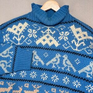 VTG Handmade Wool Turtleneck Sweater Womens S Blue Turtle‎ Doves Reindeer Nordic
